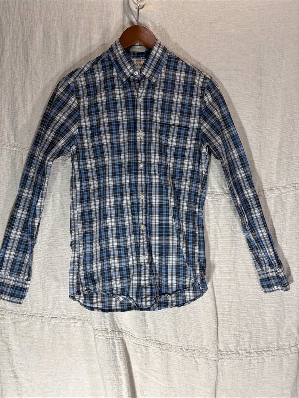 J. Crew Secret Wash Plaid Shirt Slim Fit XS 100% Organic Cotton Blue White EUC